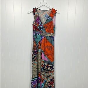 NY Collection Womens Maxi Dress M Orange Blue Black Sleeveless Abstract 95% Poly